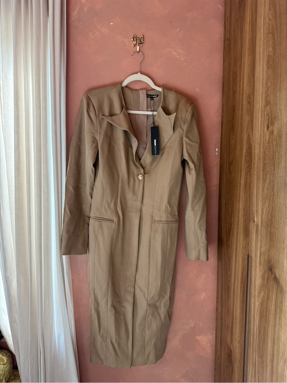 Long Tailored Single-Button Trench blazer Dress in Camel